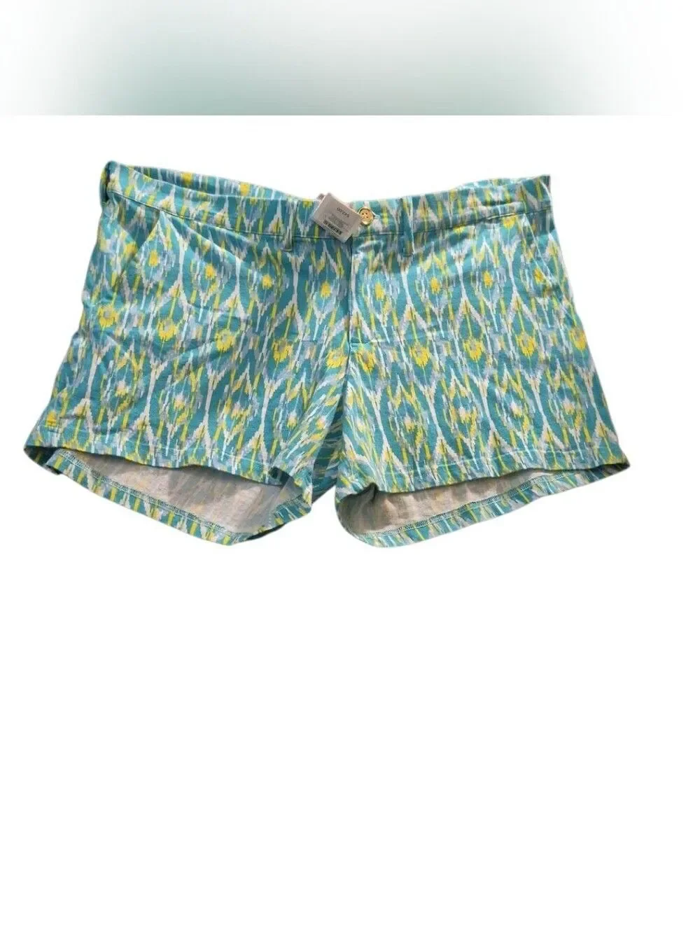 All For Color Teal Ikat Print High-Waist Shorts with Yellow Accents(419)